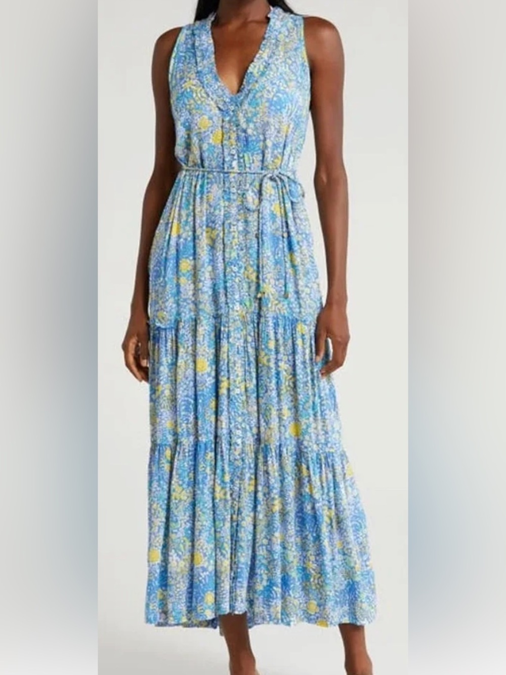 Poupette St Barth Nana Maxi Floral Dress w/ Gold Disc Belt. Sz. M. NWT! Ret $410